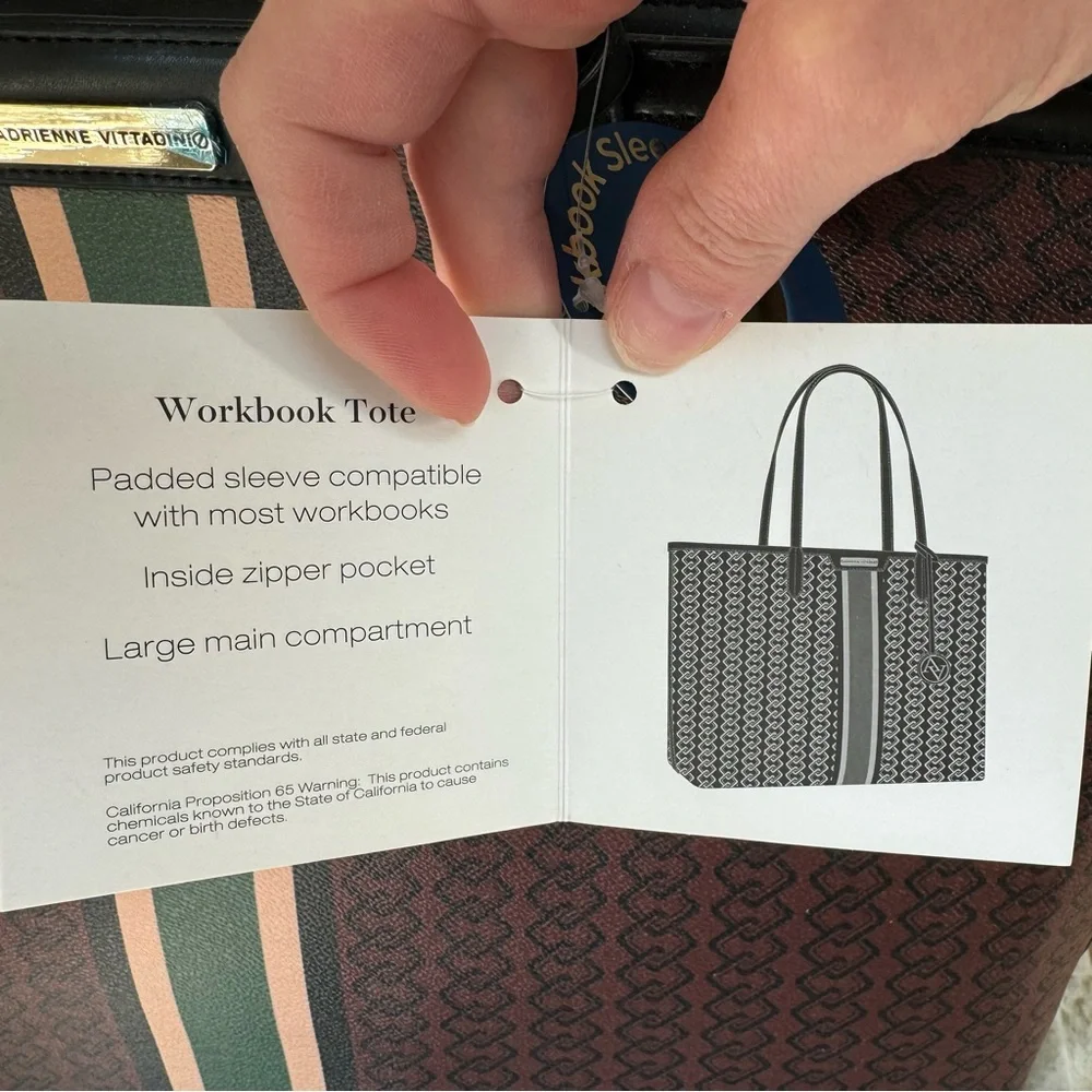NWT!! Adrienne Vittadini Workbook Tote,Rich brown dark green/black/khaki stripe